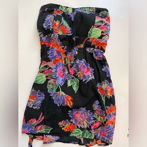 Chai floral printed strapless tie waist rouched back mini dress womens s Small